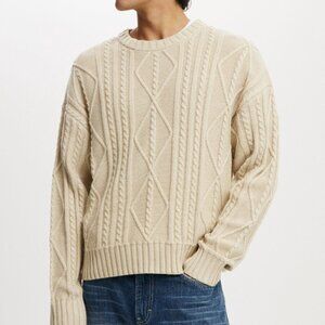Cotton On Men Cable Knit Crew Neck Sweater Stone Marle Cable Size 2XL